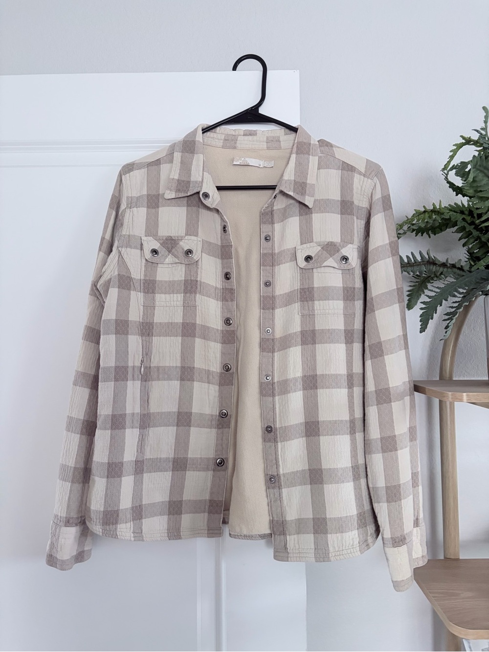 Prana Neutral Plaid Utility Shacket in Beige and Taupe